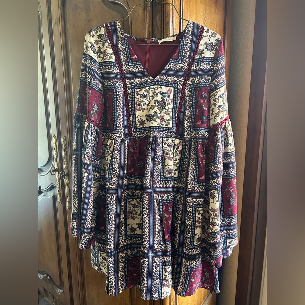 Altar'd State Burgundy Navy and Cream Boho Patchwork Tunic